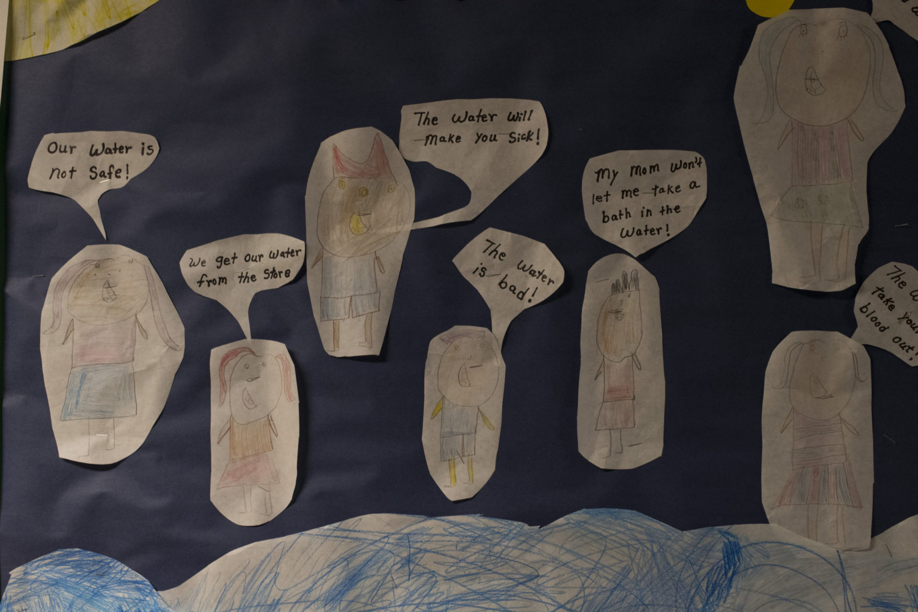Drawings by children of people saying the water is unsafe